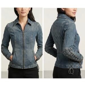 Elie Tahari Denim Jacket XS Petite Blue Lace Up Sleeve Full Zip Moto Biker Jean
